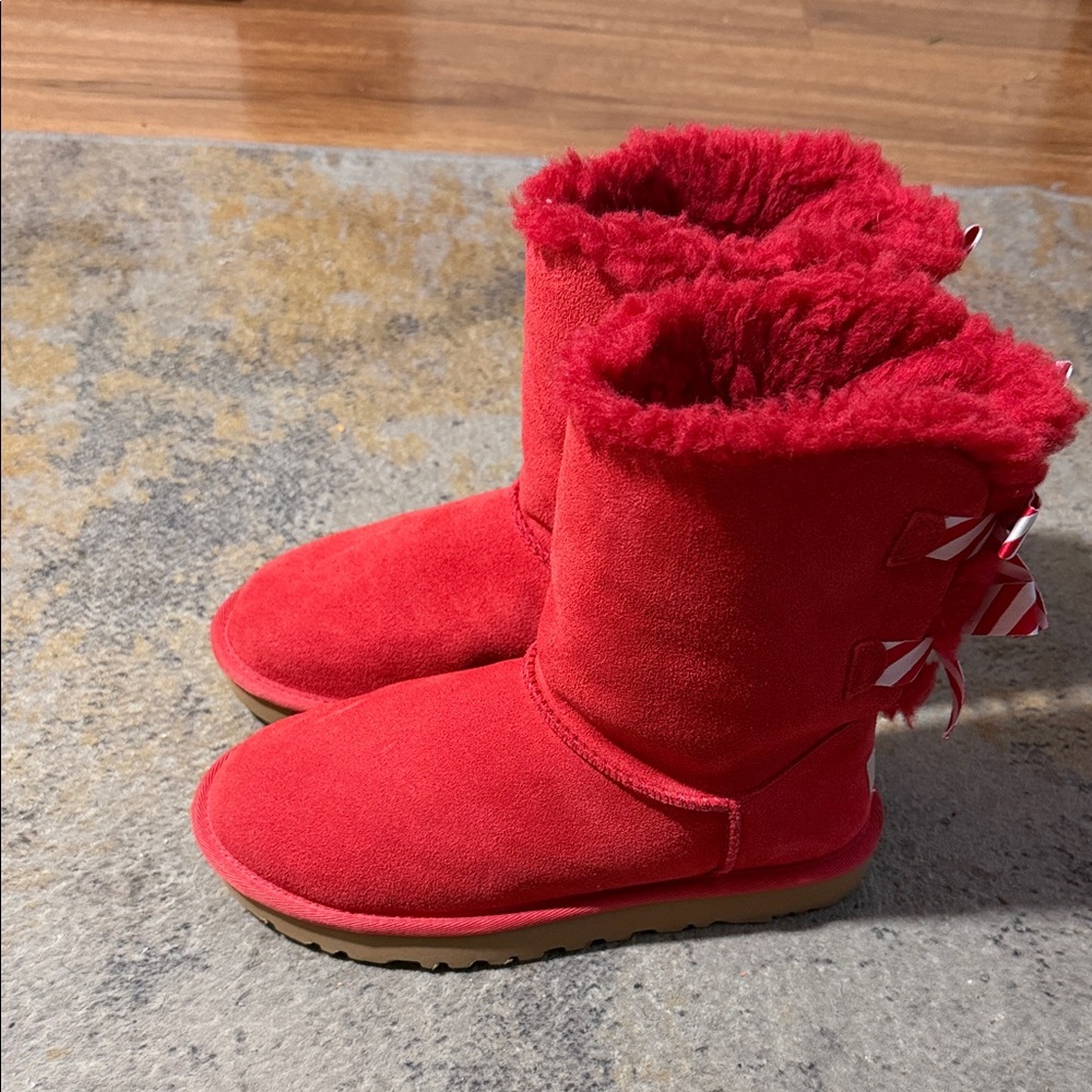 UGG Red Suede Boots with Striped Bows